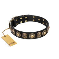 "Sea Rover" FDT Artisan Black Leather Boxer Collar with Old Bronze-plated Circular Medallions  "Sea Rover" FDT Artisan Black Leather Boxer Collar with Old Bronze-plated Circular Medallions