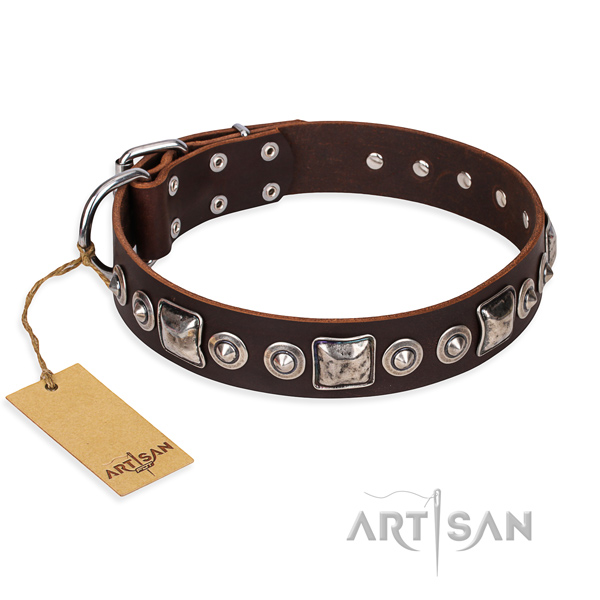 Natural genuine leather dog collar made of soft to touch material with strong buckle
