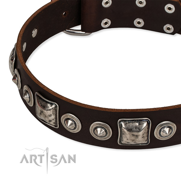 Natural genuine leather dog collar made of quality material with decorations