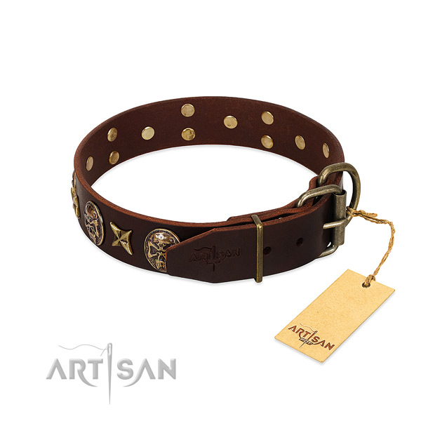 Full grain leather dog collar with reliable buckle and embellishments