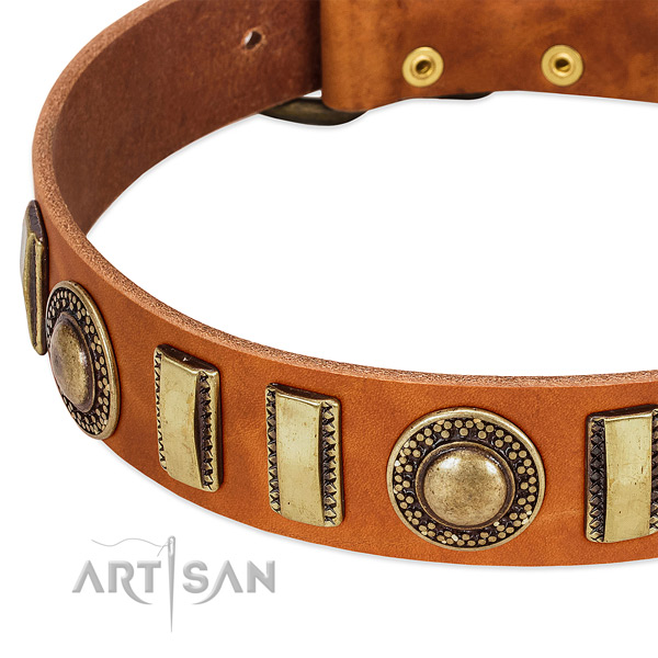 Flexible full grain genuine leather dog collar with corrosion resistant traditional buckle