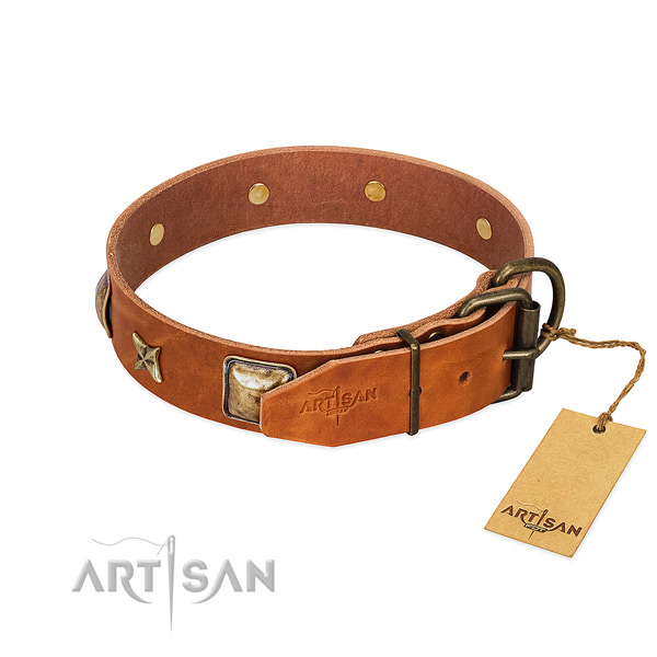 Natural genuine leather dog collar with corrosion resistant D-ring and decorations