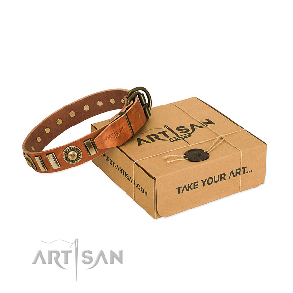 Gentle to touch full grain genuine leather dog collar with rust-proof hardware