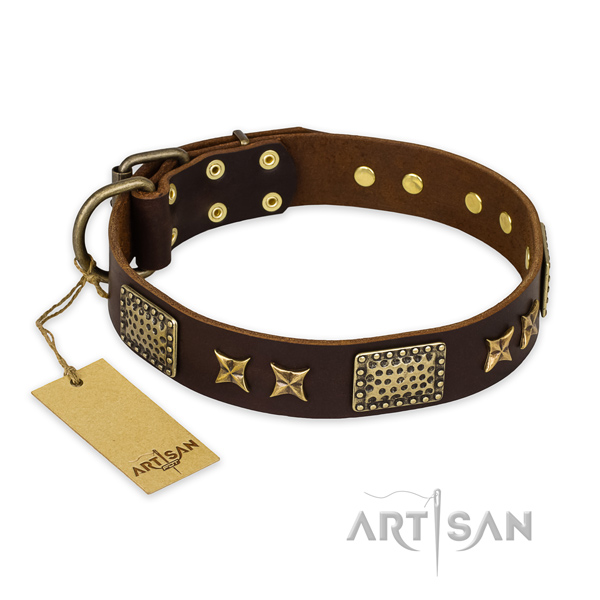 Convenient natural genuine leather dog collar with rust-proof buckle