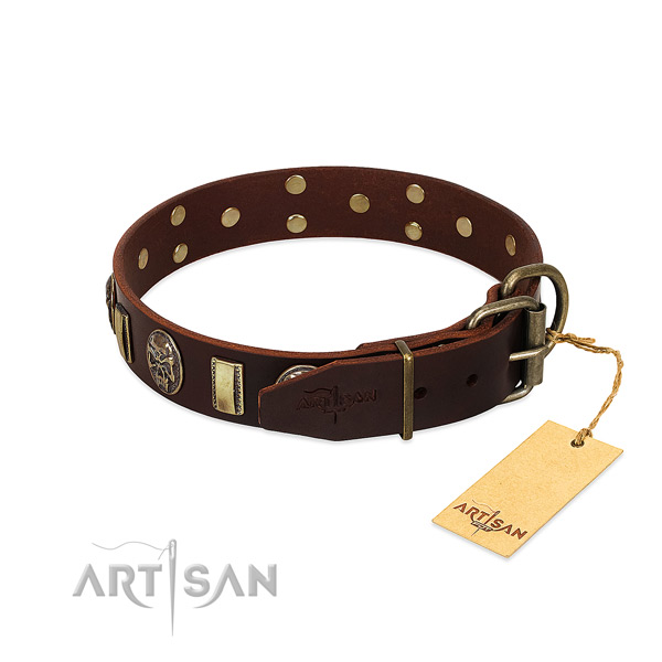 Natural genuine leather dog collar with rust-proof D-ring and studs