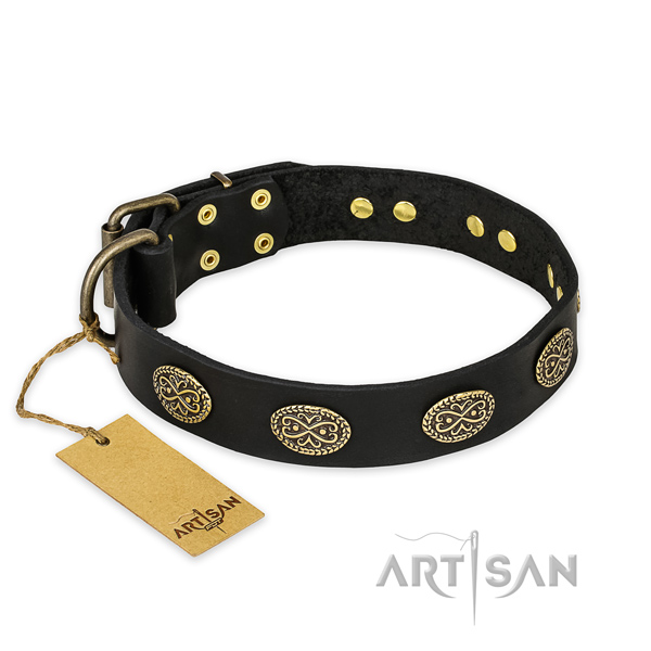 Embellished full grain leather dog collar with corrosion resistant traditional buckle