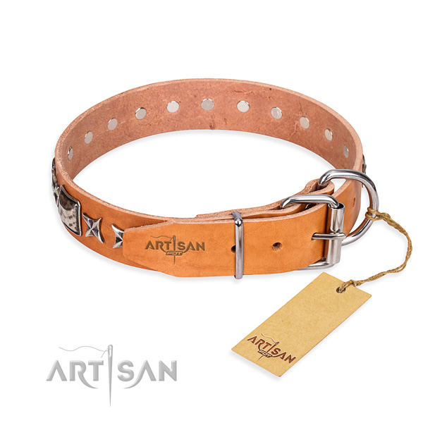 Quality adorned dog collar of full grain genuine leather