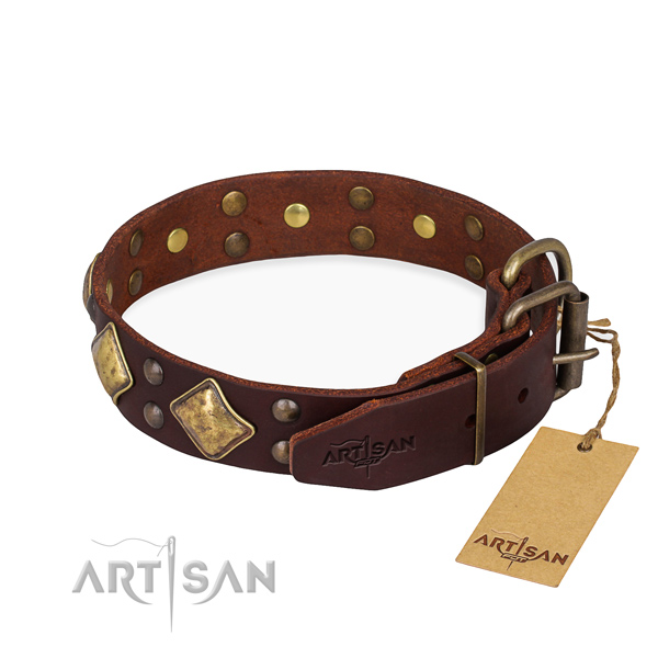Full grain genuine leather dog collar with top notch reliable decorations