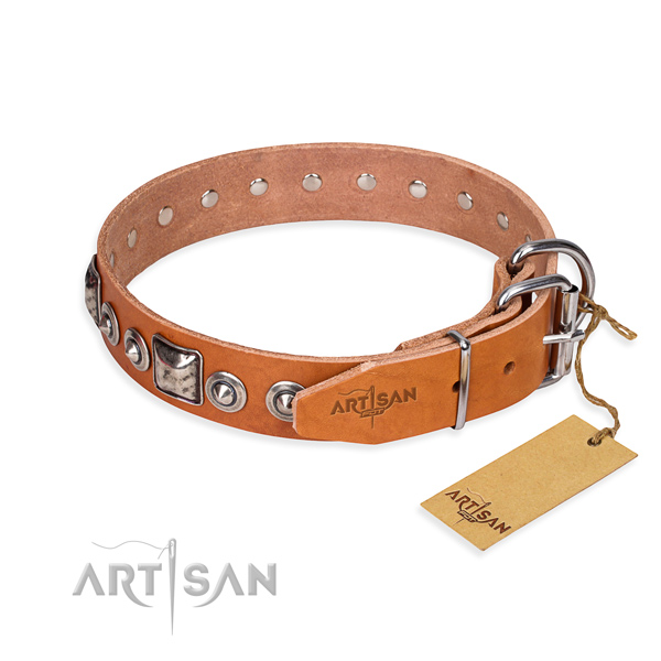 Full grain natural leather dog collar made of high quality material with reliable studs