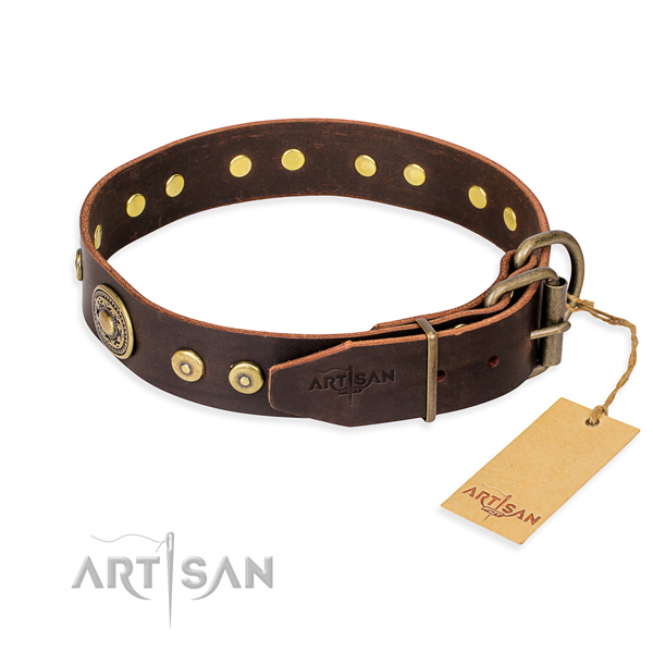 Full grain genuine leather dog collar made of gentle to touch material with rust resistant adornments