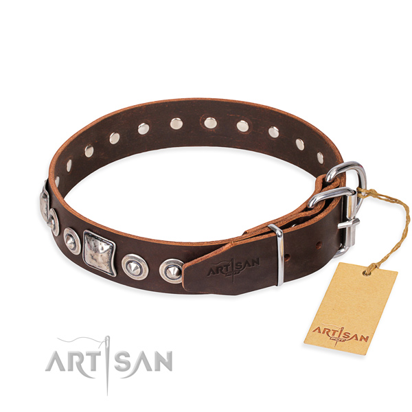 Full grain genuine leather dog collar made of soft material with corrosion resistant adornments