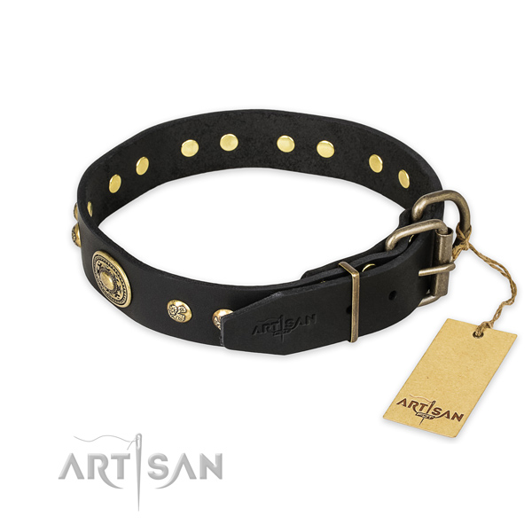 Rust-proof hardware on full grain natural leather collar for stylish walking your four-legged friend