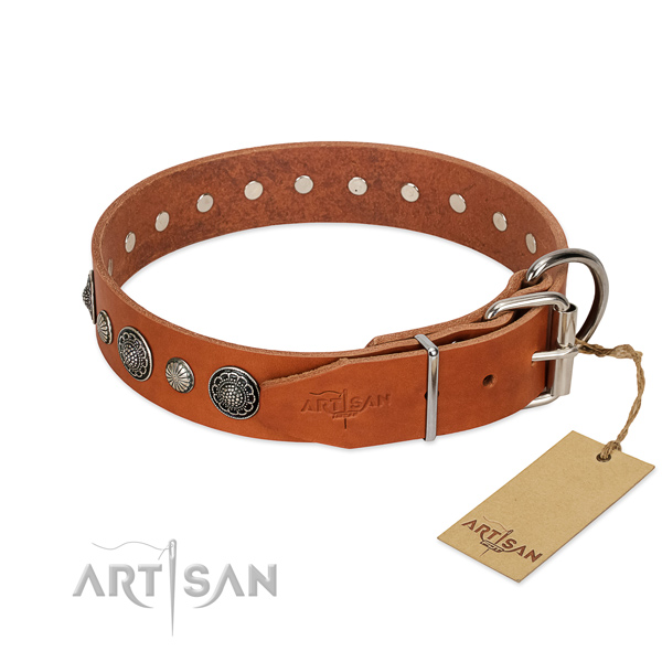 Reliable natural leather dog collar with corrosion proof fittings