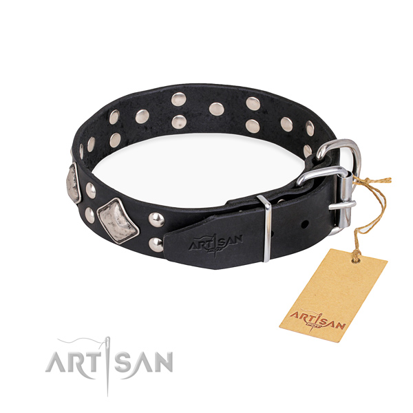 Natural leather dog collar with fashionable reliable adornments