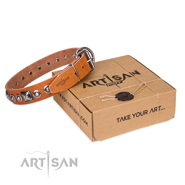 Full grain genuine leather dog collar made of top notch material with corrosion resistant hardware