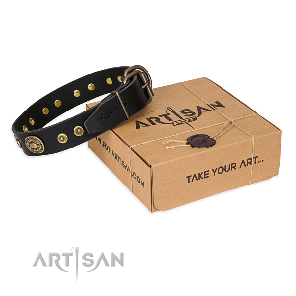 Genuine leather dog collar made of flexible material with corrosion resistant fittings