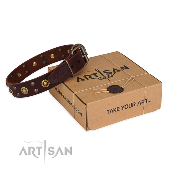 Reliable traditional buckle on full grain genuine leather collar for your attractive doggie