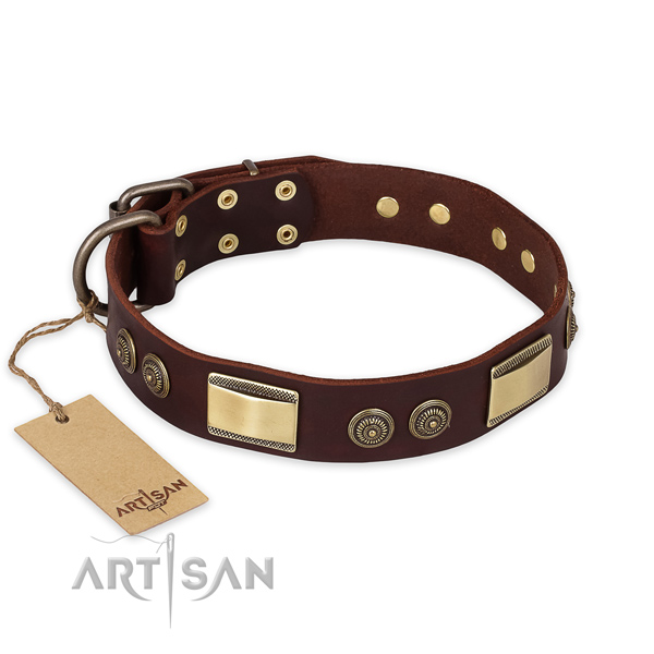 Studded natural genuine leather dog collar for everyday walking