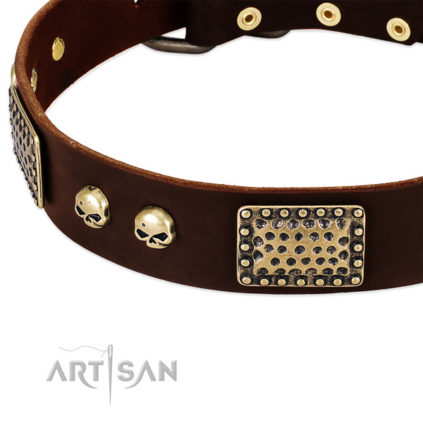 Rust-proof adornments on full grain natural leather dog collar for your doggie