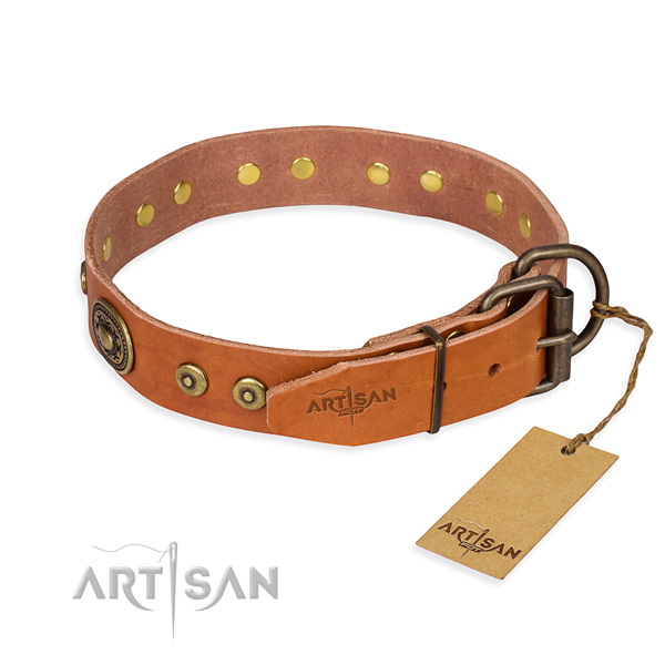 Natural genuine leather dog collar made of flexible material with reliable decorations