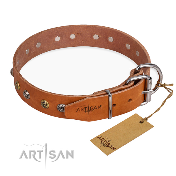 Genuine leather dog collar with designer rust-proof embellishments