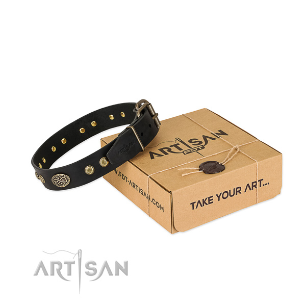 Rust resistant adornments on full grain genuine leather dog collar for your four-legged friend