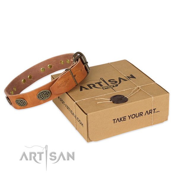 Durable hardware on natural genuine leather collar for your handsome canine