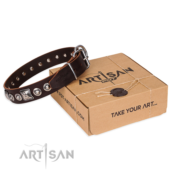 Full grain leather dog collar made of quality material with corrosion resistant fittings