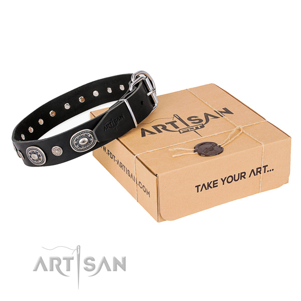 Reliable full grain natural leather dog collar crafted for comfy wearing
