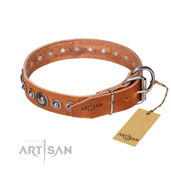 Full grain genuine leather dog collar made of flexible material with rust resistant adornments