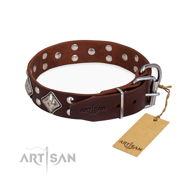 Natural leather dog collar with stylish design durable studs