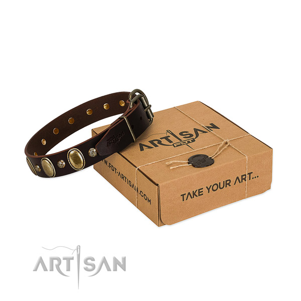 Exceptional full grain natural leather dog collar with rust resistant hardware