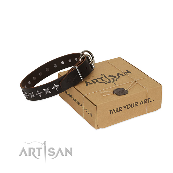 Handy use dog collar of strong natural leather with decorations