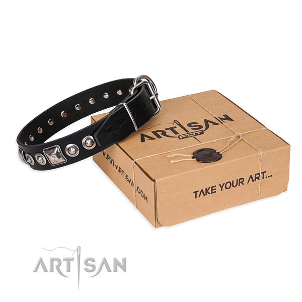 Full grain genuine leather dog collar made of soft to touch material with strong hardware