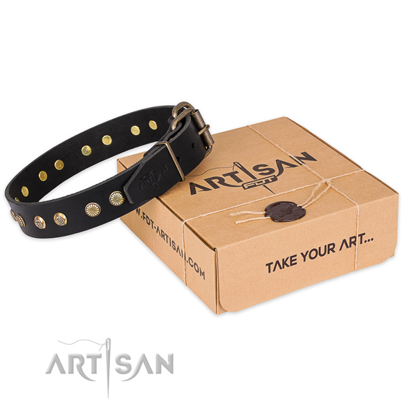 Corrosion resistant hardware on full grain leather collar for your handsome canine