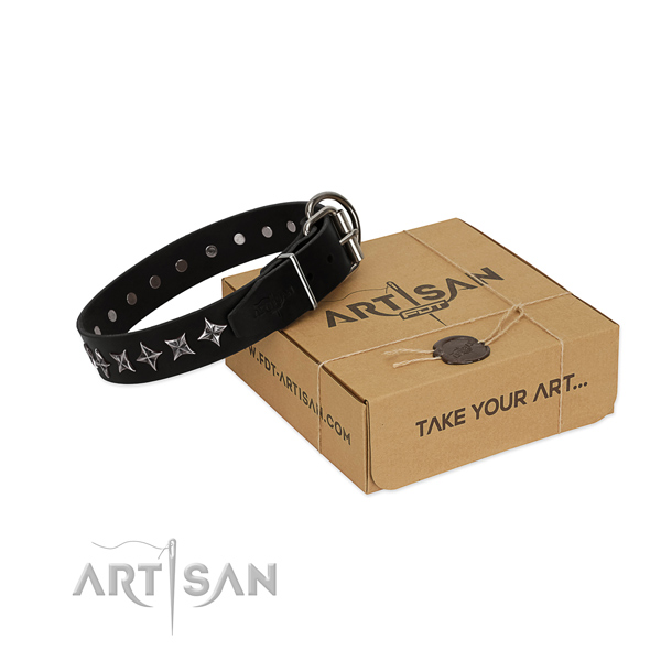Comfortable wearing dog collar of fine quality full grain leather with decorations