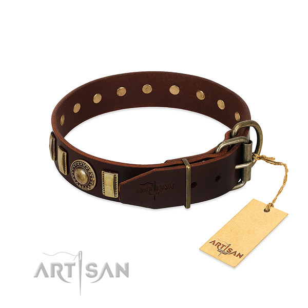Embellished full grain natural leather dog collar with durable hardware