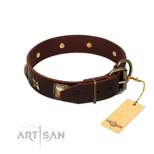 Full grain genuine leather dog collar with rust resistant traditional buckle and decorations