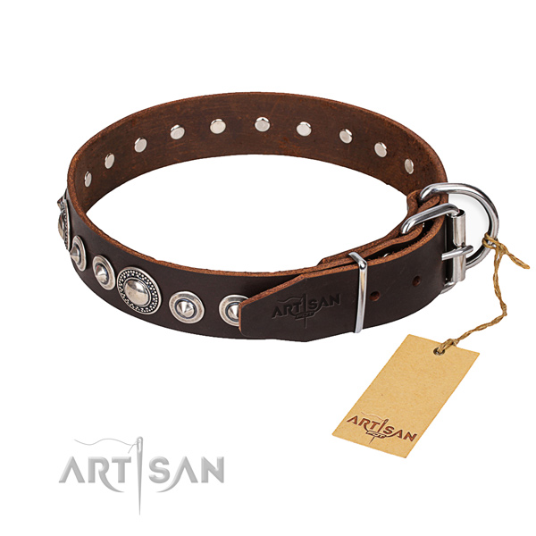 Full grain genuine leather dog collar made of soft material with corrosion resistant hardware