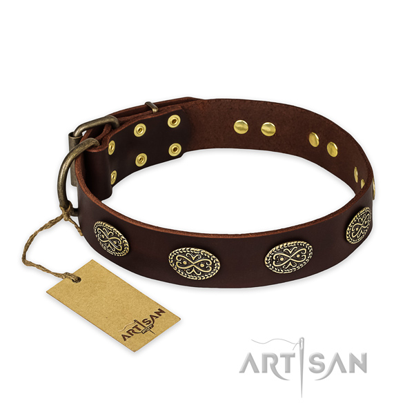 Handcrafted natural genuine leather dog collar with reliable D-ring