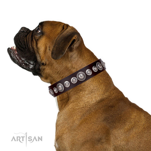 Fashionable embellished natural leather dog collar for daily use