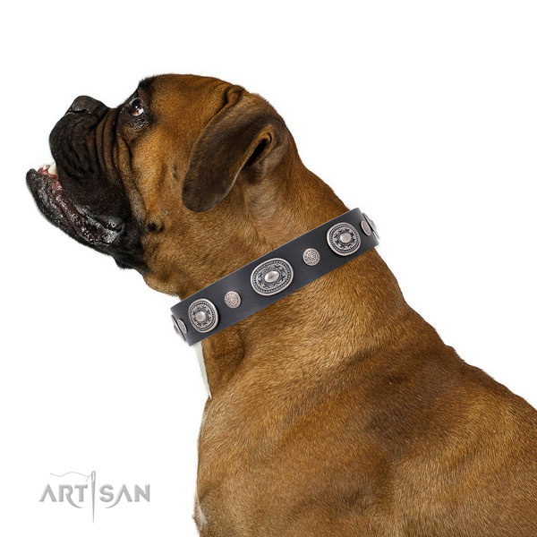 Rust-proof buckle and D-ring on natural leather dog collar for daily walking