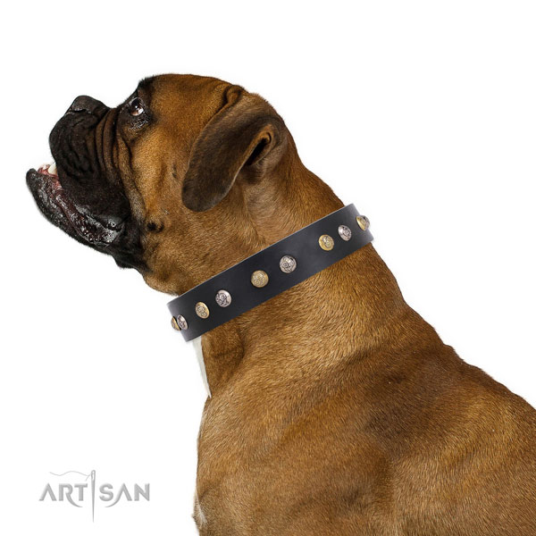 Natural leather dog collar with rust-proof buckle and D-ring for comfortable wearing