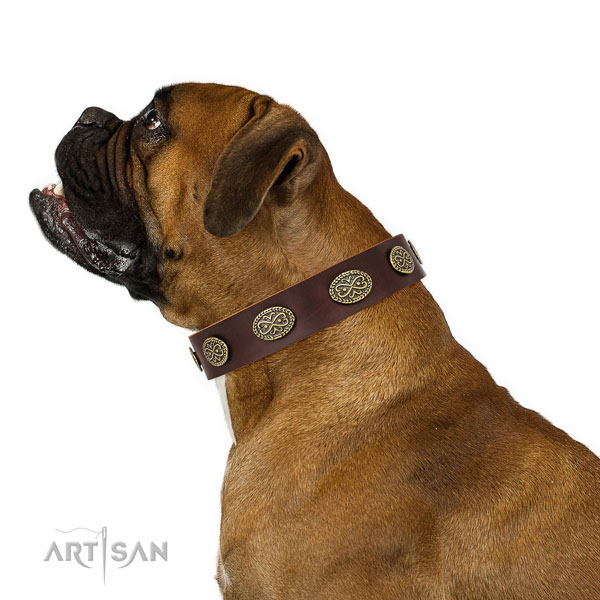 Stunning embellishments on comfortable wearing genuine leather dog collar