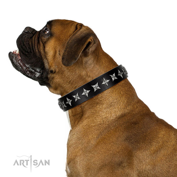 Comfortable wearing decorated dog collar of strong genuine leather