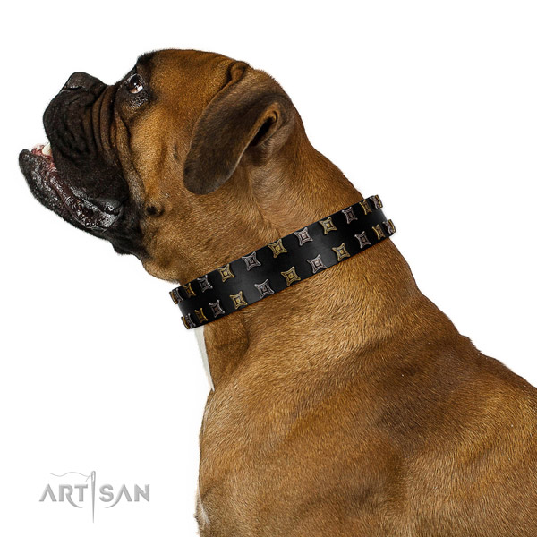 Top rate full grain natural leather dog collar with decorations for your canine