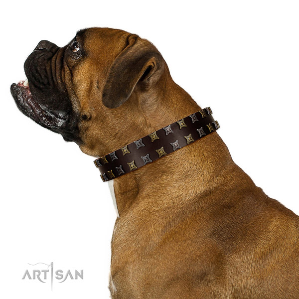 Strong full grain genuine leather dog collar with embellishments for your pet