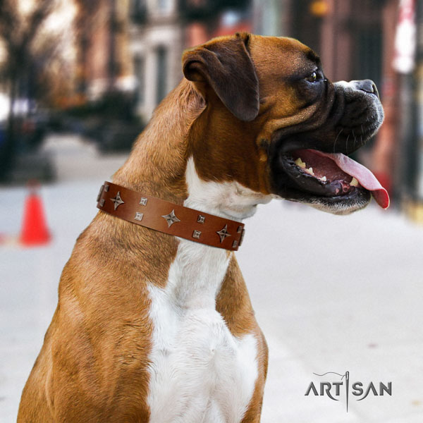 Boxer natural genuine leather dog collar for easy wearing
