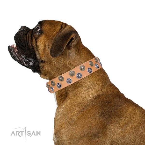 Boxer designer natural genuine leather dog collar for fancy walking