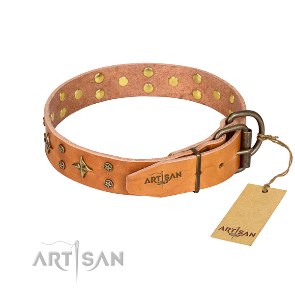 Handy use natural genuine leather collar with studs for your canine